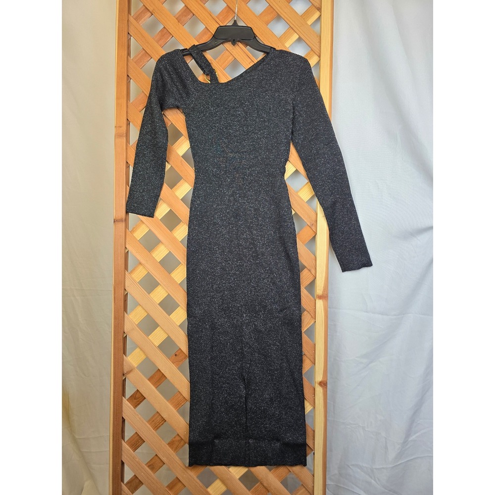 GUESS Lyza Cold Shoulder Rib Knit Maxi Dress Women M Jet Black Shimmer - NEW